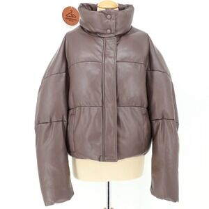 APPARIS Women Funnel-Neck Quilted Puffer Jacket Brown Size Large Welt Pockets‎